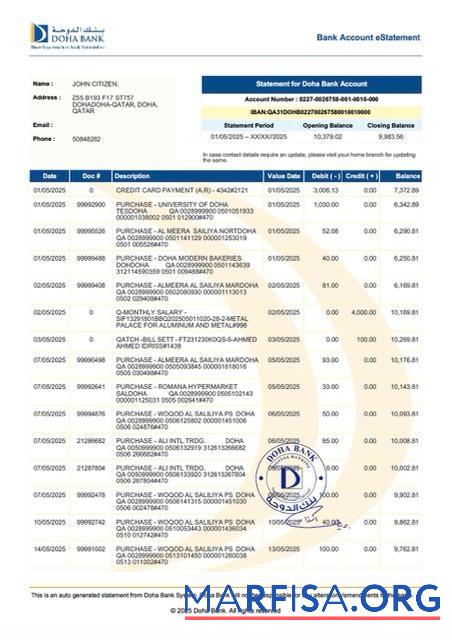 Printable Qatar Doha bank account e statement word download for verification